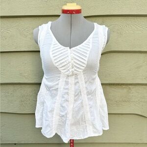 White Italian Linen Lace Tank Top Blouse with Back Tie & Buttons